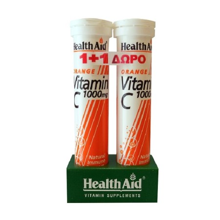 Health Aid Vitamin C 1000mg 1+1 δώρο  20+20 αναβράζοντα δισκία Πορτοκάλι