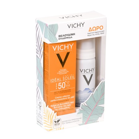 Vichy Ideal Soleil SPF50+ Αντηλιακή Κρέμα Προσώπου Με Βελούδινη Υφή Για Κανονικές & Ξηρές Επιδερμίδες 50ml & Δώρο Ιαματικό Μεταλλικό Νερό 50ml