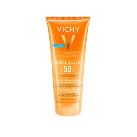 Vichy Ideal Soleil Milk-Gel Wet Skin Technology Spf50, Απαλό Αντιηλιακό Γαλάκτωμα - Gel για Πρόσωπο και Σώμα 200ml