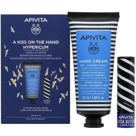 Apivita Promo A Kiss On The Hand Hypericum: Κρέμα Χεριών για Ξηρά-Σκασμένα Χέρια, 50ml & Lip Care με Βούτυρο Κακάο SPF20, 4.4g