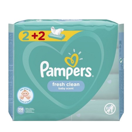 Pampers Fresh Clean Wipes Μωρομάντηλα κατάλληλα για Χέρια & Πρόσωπο 2+2 ΔΩΡΟ 4x52 (208 τεμ.)
