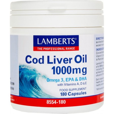 Lamberts Cod Liver Oil 1000mg, Μουρουνέλαιο με Ω-3 Λιπαρά Οξέα και Βιταμίνες A,D,E 180 κάψουλες 8554-180