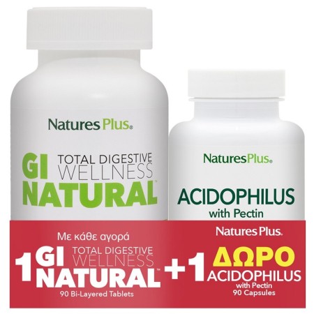 Natures Plus με Προβιοτικά και Πρεβιοτικά GI Natural 90 ταμπλέτες & Acidophilus 90 κάψουλες