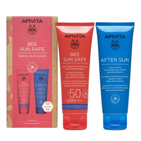 Apivita Bee Sun Safe Travel Size Hydra Fresh Face & Body Milk spf50 100ml+ After Sun Cool & Sooth Face & Body Gel-Cream 100ml