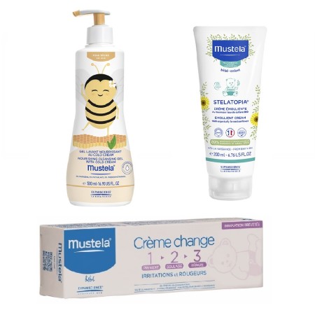 Mustela Gift Set Nourishing Cleansing Gel 500ml & Stelatopia Emollient Cream 200ml & Barrier Creme Change 1-2-3  100ml
