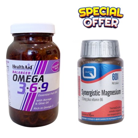 PRIME PROMO Health Aid Omega 3-6-9, Συμπλήρωμα Διατροφής 90caps Δώρο Quest Synergistic Magnesium, Μαγνήσιο & Βιταμίνη Β6 60 ταμπλέτες