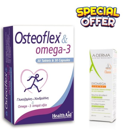 PRIME PROMO Health Aid - Osteoflex & Omega 3 Dual Pack 30tabs & 30caps Δώρο A-Derma Exomega Control Baume Emollient Tube, Μαλακτικό Βάλσαμο για Ατοπικό / Ξηρό Δέρμα 200ml