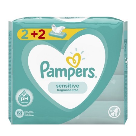 Pampers Sensitive Wipes Μωρομάντηλα για την Αλλαγή Πάνας, 2+2 ΔΩΡΟ 4x52 (208 τεμ.)