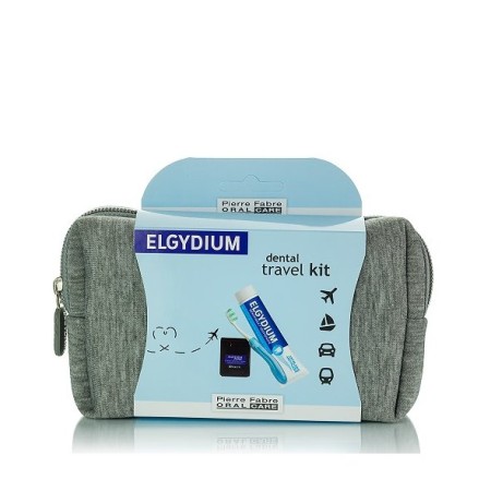 Elgydium Dental Travel Kit με Elgydium Pocket Οδοντόβουρτσα Ταξιδίου, Antiplaque Οδοντόκρεμα 50ml & Dental Floss Black Νήμα 5m σε γκρι Νεσεσέρ