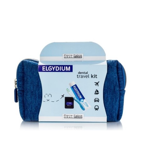 Elgydium Dental Travel Kit με Elgydium Pocket Οδοντόβουρτσα Ταξιδίου, Antiplaque Οδοντόκρεμα 50ml & Dental Floss Black Νήμα 5m σε μπλε Νεσεσέρ