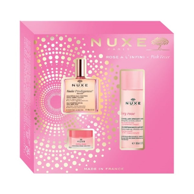 Nuxe XMAS GIFT PACK -2022- Pink Fever Huile Prodigieuse Floral Dry Oil 50ml, Very Rose Micellaire 100ml & Very Rose Lip Balm 15ml.