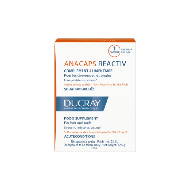 Ducray Anacaps Reactiv Συμπλήρωμα Διατροφής για τα Μαλλιά & τα Νύχια για Οξείες Καταστάσεις 30caps