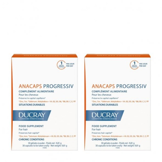 Ducray Anacaps Progressiv, Συμπλήρωμα Διατροφής για τα Μαλλιά 2x30Caps -50% στο 2ο Προϊόν
