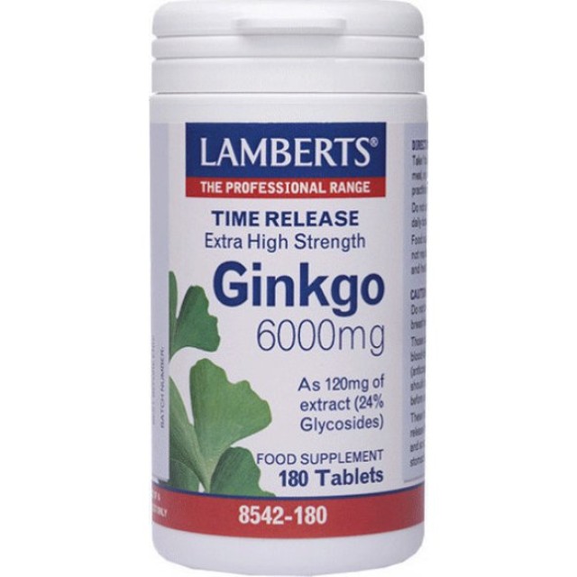 Lamberts Ginkgo Biloba Extract 6000mg, Συμπλήρωμα Διατροφής με Εκχύλισμα Ginkgo Biloba 180 tabs 8542-180