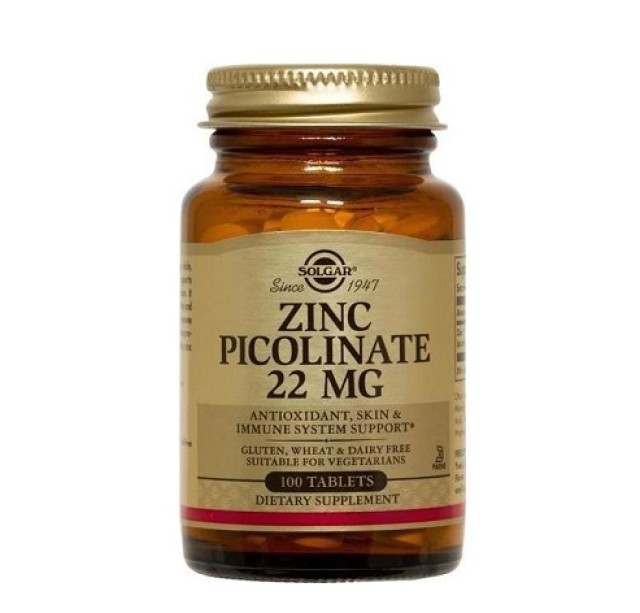 Solgar Zinc Picolinate 22mg, Ψευδάργυρος σε Πικολινική Μορφή 100 ταμπλέτες