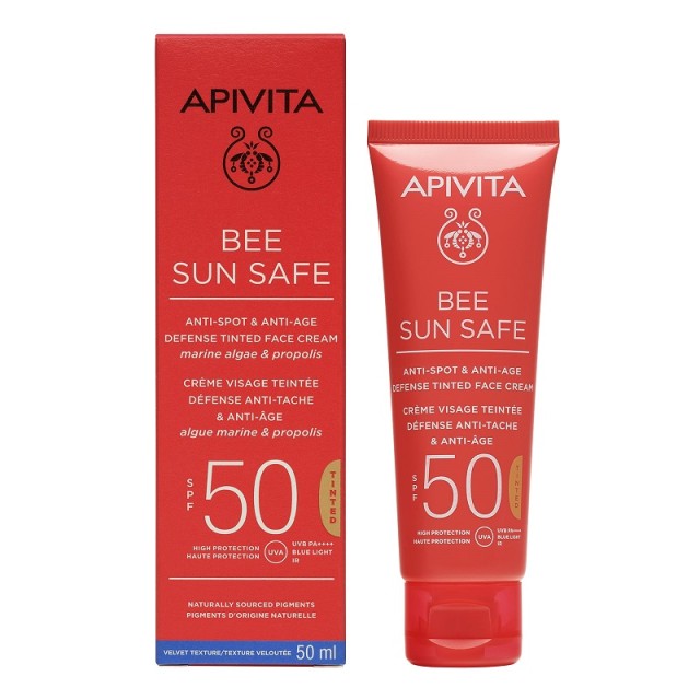 Apivita Bee Sun Safe AntiSpot & AntiAge Defense Tinted Face Cream Marine Algae & Propolis spf50  50ml