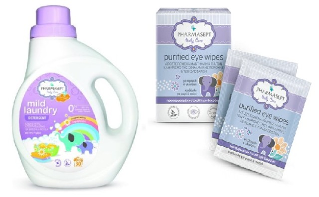 PROMO Pharmasept Baby Purified Eye Wipes Οφθαλμικά Μαντηλάκια 10τμχ & Mild Laundry Detergent, Εξαιρετικά Απαλό Υγρό Απορρυπαντικό