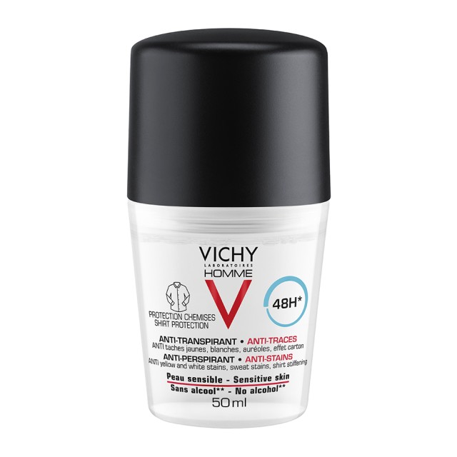 Vichy Homme Anti-Perspirant 48h Sensitive Skin Roll-On, Αποσμητικό κατά της Εφίδρωσης και των Λεκέδων για Ευαίσθητη Επιδερμίδα 50ml