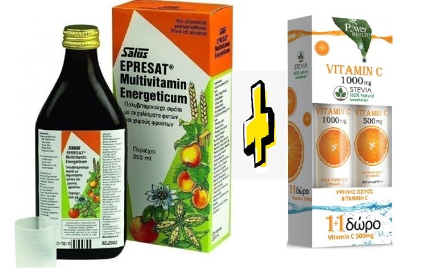 PROMO Power Health Epresat, Πολυβιταμινούχο Τονωτικό Σιρόπι 250ml & Vitamin C 1000mg με Στέβια 24 αναβράζοντα δισκία + Vitamin C 500mg Πορτοκάλι 20 αναβράζοντα δισκία