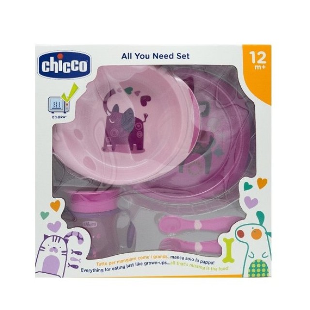 Chicco All You Need Set, Σετ Φαγητού από 12 μηνών σε Ροζ Χρώμα 5τμχ