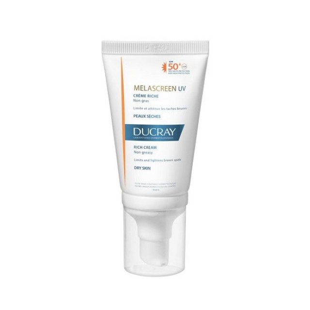 Ducray Melascreen UV Rich Cream SPF50+, Λεπτόρρευστη Αντιηλιακή Κρέμα Προσώπου για Ξηρό Δέρμα με Δυσχρωμίες 40ml