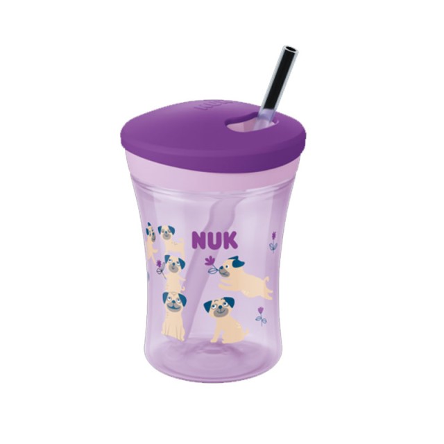 Nuk Action Cup Purple Dogs Εκπαιδευτικό Ποτηράκι με Καλαμάκι 12m+ 230ml