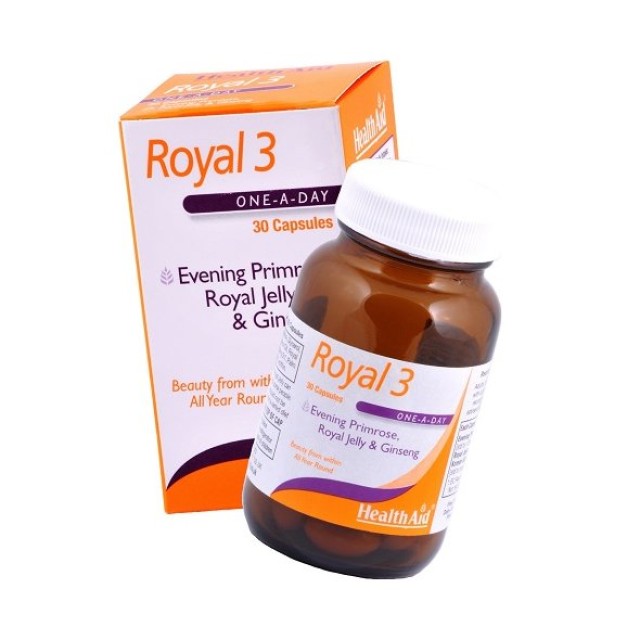 Health Aid Royal 3, Τονωτικός Συνδυασμός Βασιλικού Πολτού με Έλαιο Νυχτολούλουδου και Τζίνσενγκ 30 κάψουλες