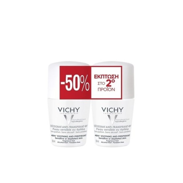 Vichy Deodorant Anti-Transpirant Peau Sensible 48h, Αποσμητικό Roll-On για Ευαίσθητες Επιδερμίδες με 48ωρη Προστασία -50% στο 2ο Προϊόν